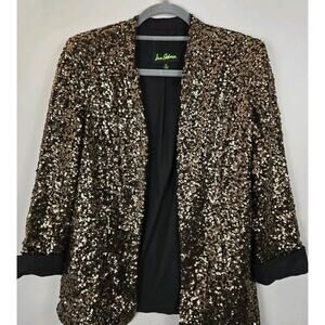 Sam Edelman Evening Brown Jacket Collared Gold Sequin Open Front 3/4 Sleeve MED